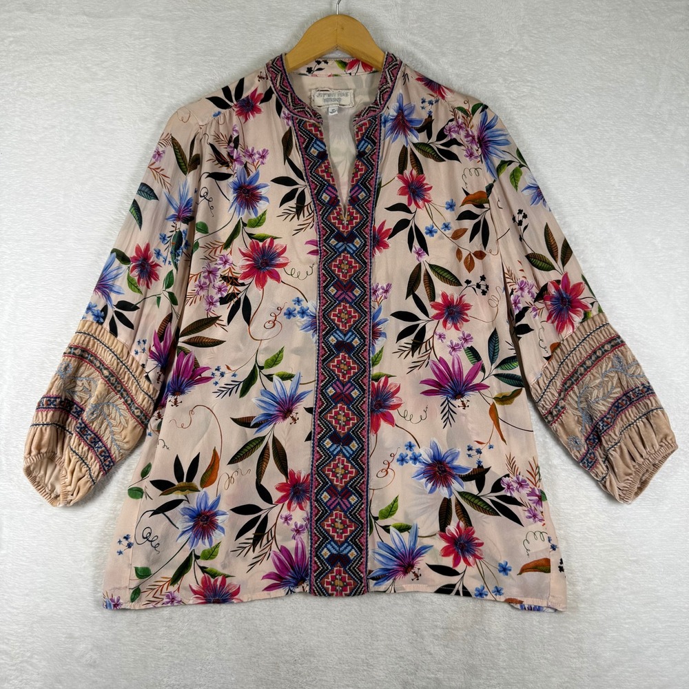 Johnny Was Workshop Pink Silk Floral Velvet Embroidered Blouse Womens XS